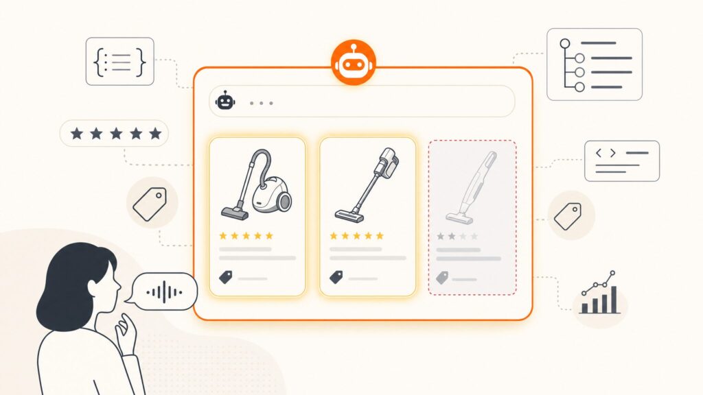 AI エージェントの推薦リストで競合商品だけが選ばれ、自社商品が候補から外れている様子を示すヒーロー画像