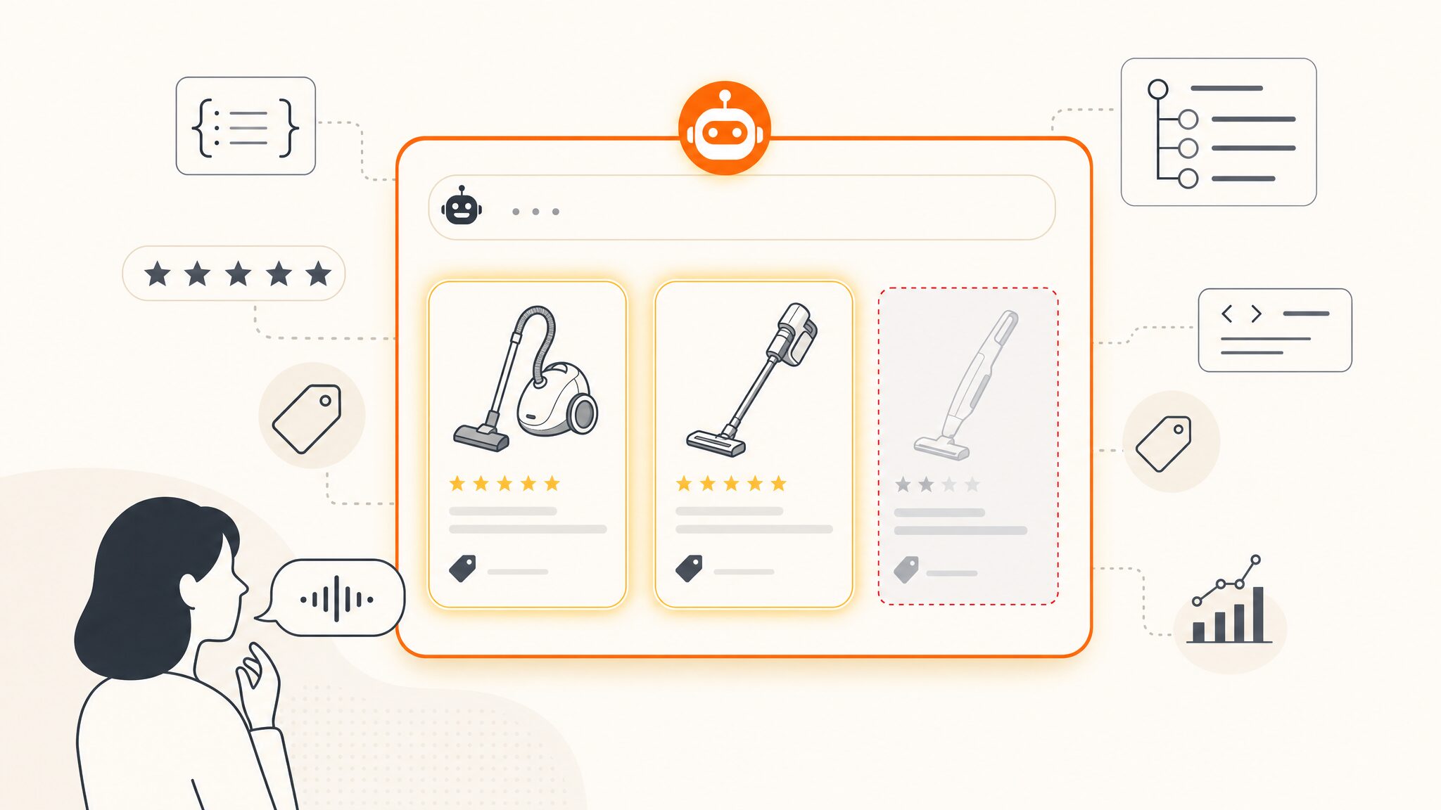 AI エージェントの推薦リストで競合商品だけが選ばれ、自社商品が候補から外れている様子を示すヒーロー画像